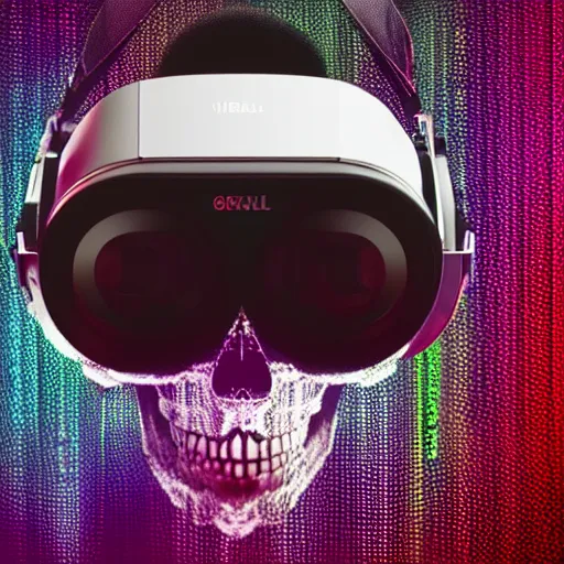 Image similar to a skull with a vr headset in a cyberpunk aesthetic, 4 k, with the word pixel written on the headset