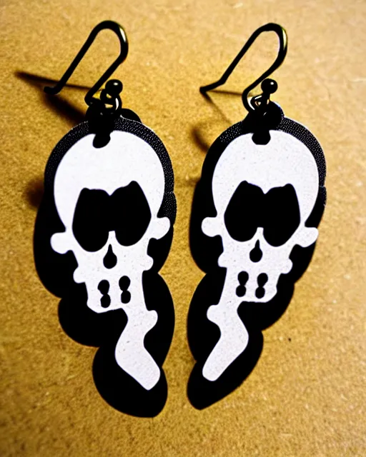 Image similar to spooky cartoon skull, 2 d lasercut earrings, in the style of heavy metal fakk 2