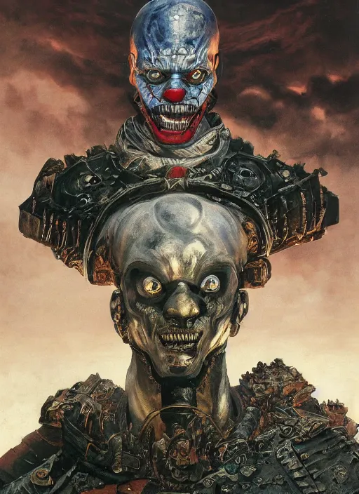 Prompt: portrait of a diabolical cyborg clown samurai, torn cape, heavy armor, dynamic pose, glowing eyes, ancient ruins, glowing veins subsurface scattering, in clouds, sunset, portrait, by gerald brom, by mikhail vrubel, by peter elson, muted colors, extreme detail, reflections, trending on artstation, 8 k