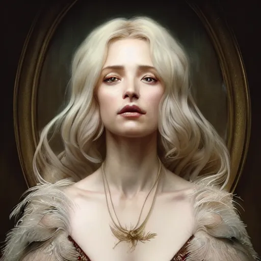 Image similar to portrait painting of a beautiful blonde woman with a kind face wearing a feathered cloak and a fancy silk white dress, ultra realistic, concept art, intricate details, eerie, highly detailed, photorealistic, octane render, 8 k, unreal engine. art by artgerm and greg rutkowski and charlie bowater and magali villeneuve and alphonse mucha