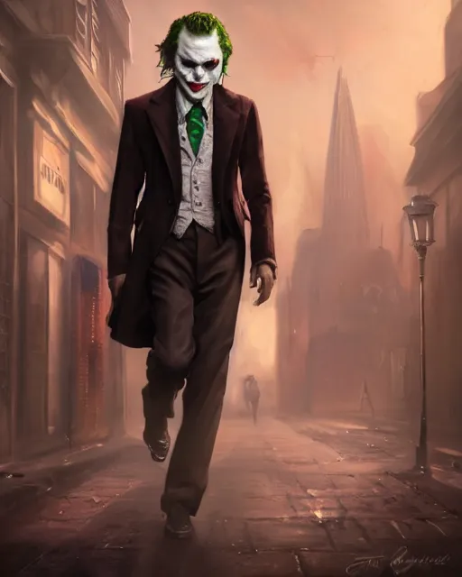 Image similar to oil painting of the joker holding a smoking pipe, detective clothes, close shot, full body, dark london alley background, sharp focus, fantasy style, octane render, volumetric lighting, 8k high definition, by greg rutkowski, highly detailed, trending on art Station, dungeons and dragons artwork, centered