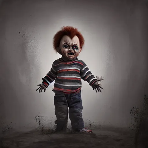 Image similar to painting of chucky by michal karcz