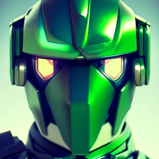 Prompt: gundam head, v - fin, octane render, soft light, mekka, behance, vector, highly detailed illustration, realistic, kamen rider green metal design, artstation. com, by greg rutkowski,