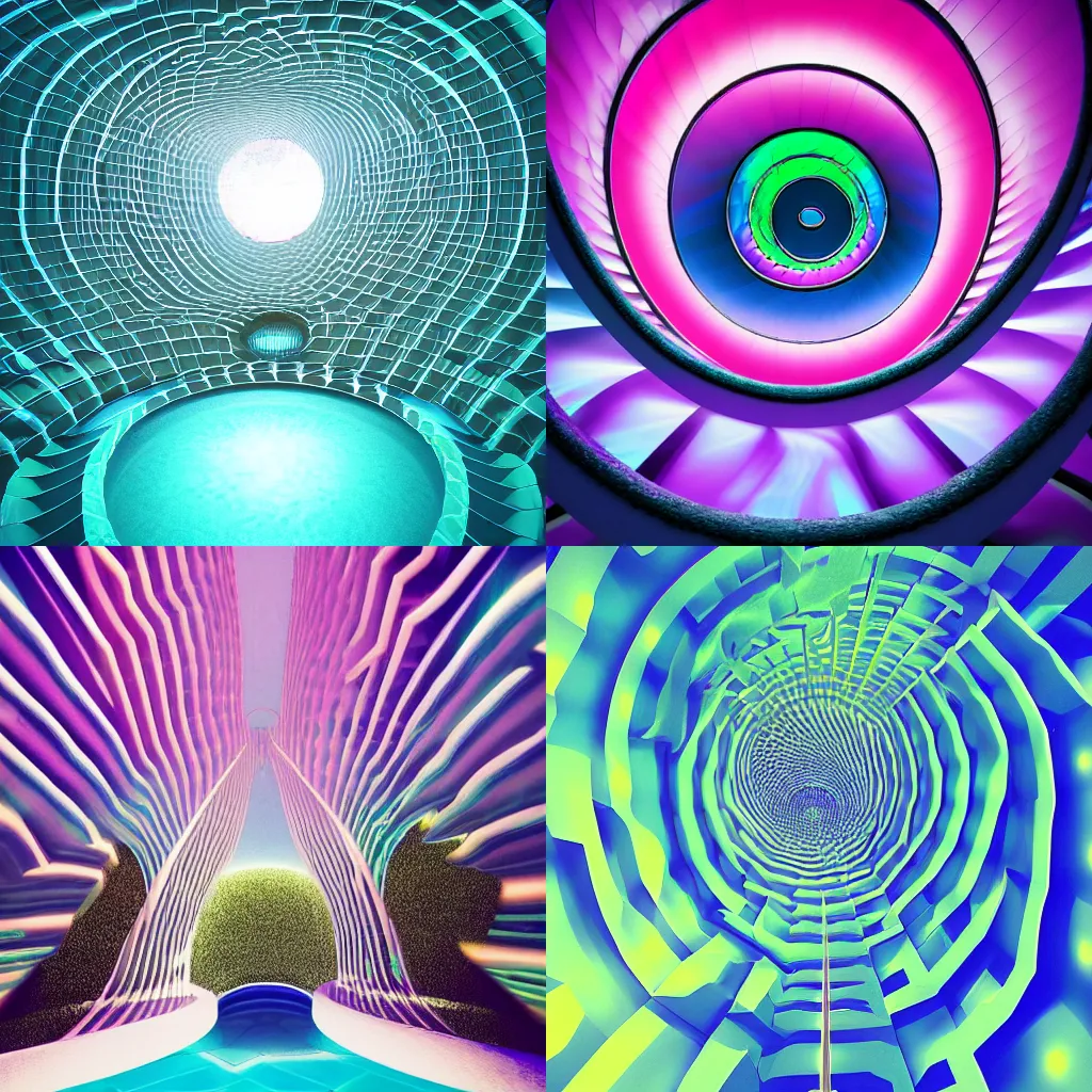 Prompt: Portal to alternative reality, geometric patterns, Surreal vaporwave 3d rendering of a liminal space with natural lighting, pool, 80’s cali vibe, spiral staircase, 3d illuminated glowing spheres, raytraced 3d render, bright sunlight, neon orbs, marble statue, pool, caustics, macintosh plus, computer error, retro, windows XP, vaporwave palm trees