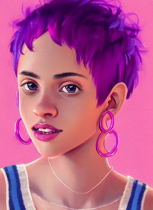 Image similar to portrait of teenage vanessa morgan with bright pink hair, vanessa morgan, curly pixie cut hair, wearing a purple breton cap, breton cap, hoop earrings, intricate, elegant, glowing lights, highly detailed, digital painting, artstation, concept art, smooth, sharp focus, illustration, art by wlop, mars ravelo and greg rutkowski