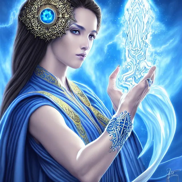 Prompt: beautiful!! elemental sky witch with intricate ornate blue and white robes and water powers artgerm anne stokes highly detailed 8 k hdr smooth sharp focus high resolution award - winning photo photorealistic