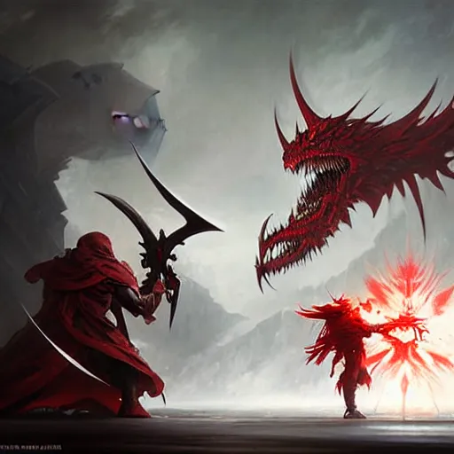 Image similar to an white angle fights against a red demon, by greg rutkowski, magic the gathering, highly detailed, matte painting,