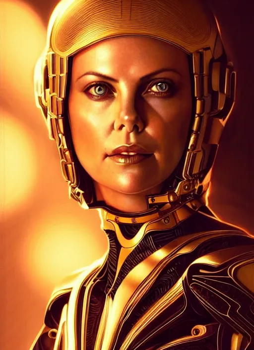 Image similar to symmetry!! portrait of charlize theron, gold sci - fi armour, tech wear, glowing lights!! sci - fi, intricate, elegant, highly detailed, digital painting, artstation, concept art, smooth, sharp focus, illustration, art by artgerm and greg rutkowski and alphonse mucha