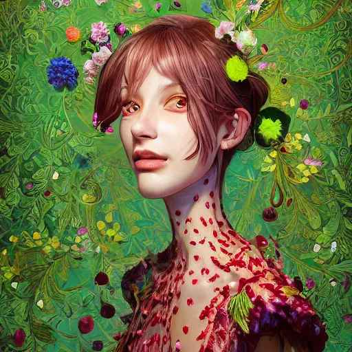 Image similar to the portrait of an absurdly beautiful, graceful, elegant, sophisticated, fashionable young woman made of strawberries and green petals looking up, an ultrafine hyperdetailed illustration by kim jung gi, irakli nadar, intricate linework, bright colors, octopath traveler, final fantasy, unreal engine 5 highly rendered, global illumination, radiant light, detailed and intricate environment