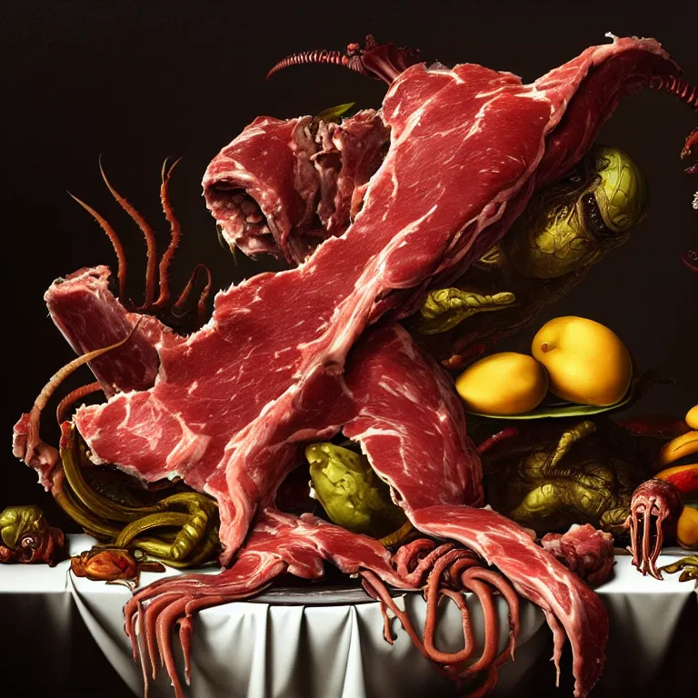 Prompt: still life of rotten meat, xenomorph, beautiful tropical flowers, human spine, tropical fruit baroque painting, beautiful detailed intricate insanely detailed octane render, 8K artistic photography, photorealistic, chiaroscuro, Raphael, Caravaggio