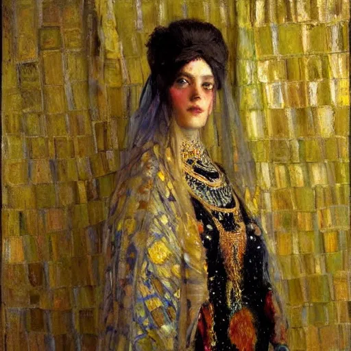 Prompt: Richard Schmid and Jeremy Lipking and Gustav Klimt portrait painting of a young beautiful woman priestess victorian orientalist in elaborate costume