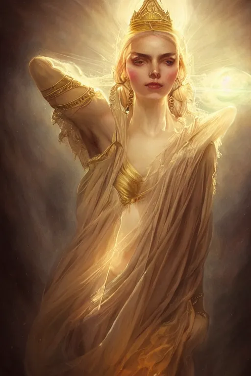 Image similar to a subtle lighting photo of an ancient powerful psychic queen, light colors, bright, sunbeams, eloquent, fancy, lovely, beautiful lighting, golden ratio, artgerm, tom bagshaw, gerald brom, detailed, small details, intricate,