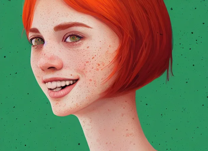 Image similar to portrait of a beautiful smiling girl with orange hair and freckles, green eyes, intricate, elegant. highly detailed, digital painting, artstation, concept art, smooth, sharp, focus, illustration. background is purple, art by Ilya Kuvshinov