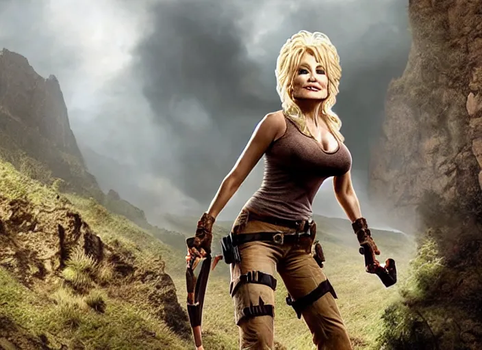 Image similar to film still of!!!! dolly parton!!! as lara croft in new tomb raider movie, 8 k