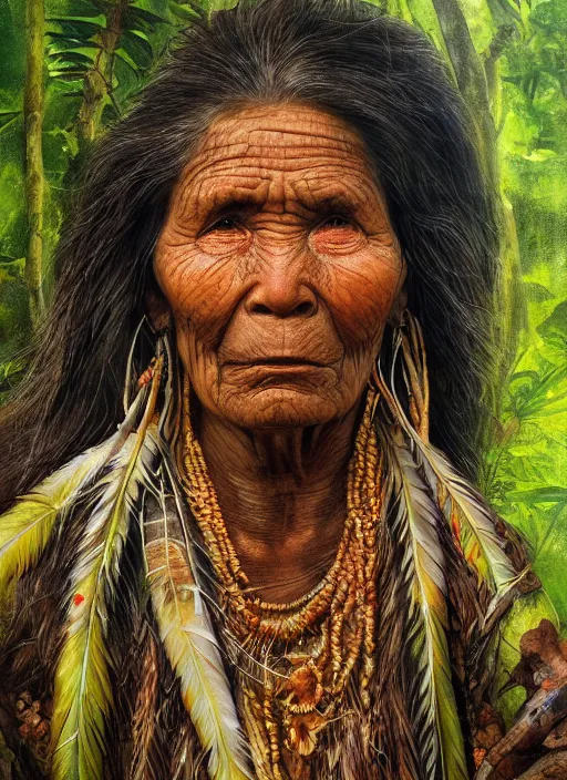 Prompt: a beautiful painting portrait of a very old indigenous grand-mother in the amazon jungle, matte painting, fantasy art, ayahuasca, highly detailed