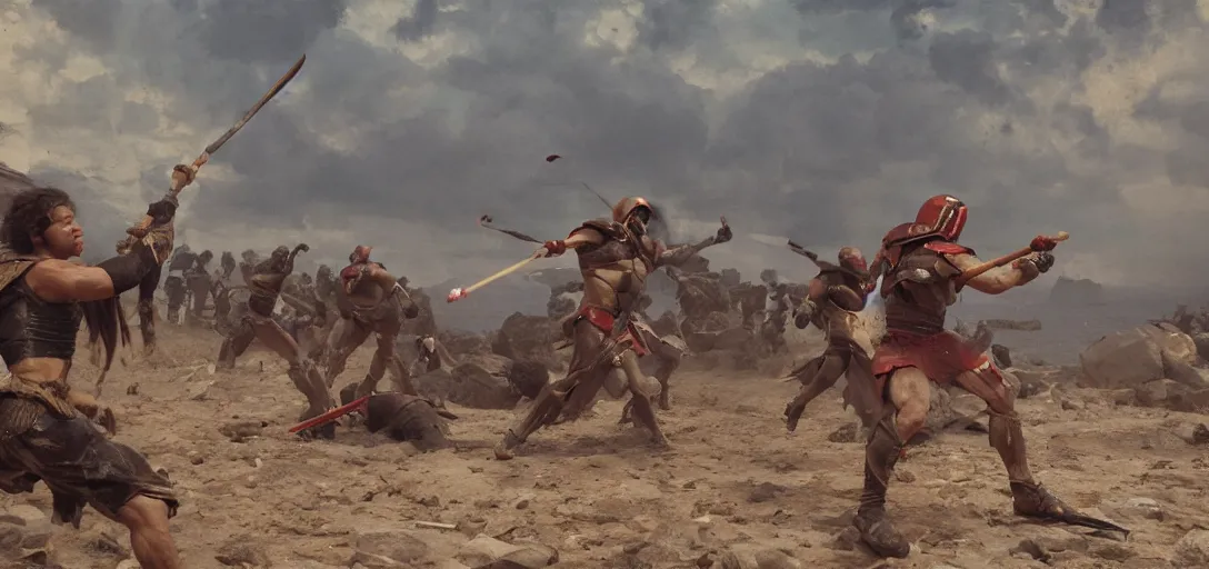 Image similar to Throwing a javelin into the back of a friend, spartan, wide shot, small scale, intimate moment, octane render, 8k, by Greg Rutkowski Ilya Repin Greg Duran