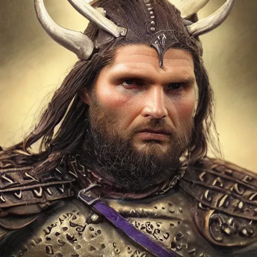 Image similar to of a viking from valhalla, wearing the horned helmet ultra fine detail, hair strands, ultra high resolution, fine texture detail, miniature painting techniques, perfect proportions, marvel cinematic universe, eric bana