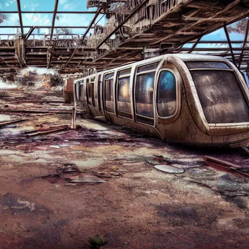 Image similar to post - apocalyptic magic kingdom, wasteland, barren, monorail, abandoned, walt disney world, highly detailed, intricate, 8 k