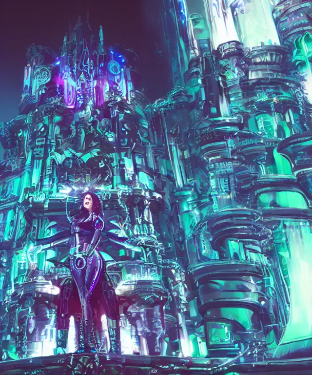 Prompt: majestic cyborg princess, futuristic castle, cyberpunk, neon lights, metal throne