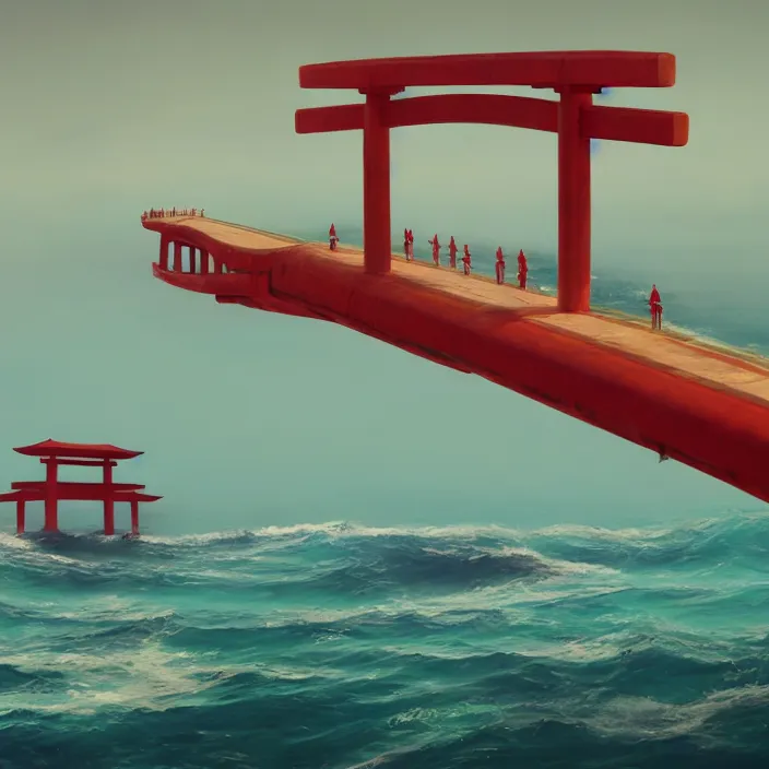 Prompt: a beautiful painting of a torii at sea by simon stalenhag and greg rutkowski, in style of digital art. hyper detailed, sharp focus, soft light. octane render. ray tracing. trending on artstation