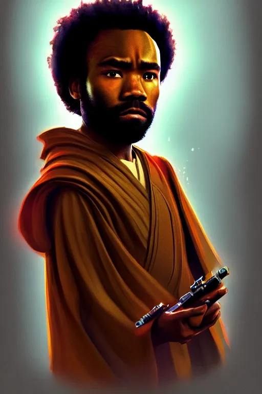 Prompt: Donald Glover as a Jedi from Star Wars, Naboo, realistic portrait, symmetrical, highly detailed, digital painting, artstation, concept art, smooth, sharp focus, cinematic lighting, art by Ralph McQuarry