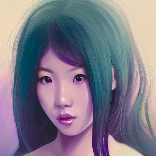 Prompt: asian girl portrait, gouache, purple, teal, intricate, highly detailed, digital painting, artstation, concept art, sharp focus, illustration, Unreal Engine 5, artgerm, rutkowski, mucha
