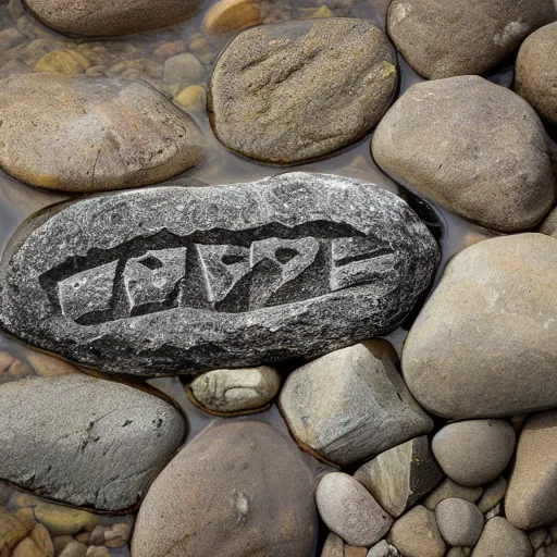 Image similar to detailed carving hunger stones in a river, photographic journalism, realistic, european river, ancient writing