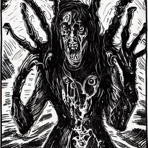 Image similar to a demonic witch eating a human, inspired by the thing, david lynch, cronenberg, rob zombie film