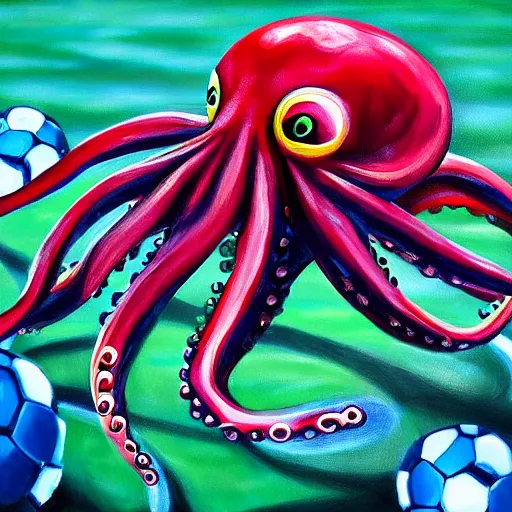 Prompt: photo - realistic painting of octopus plying soccer