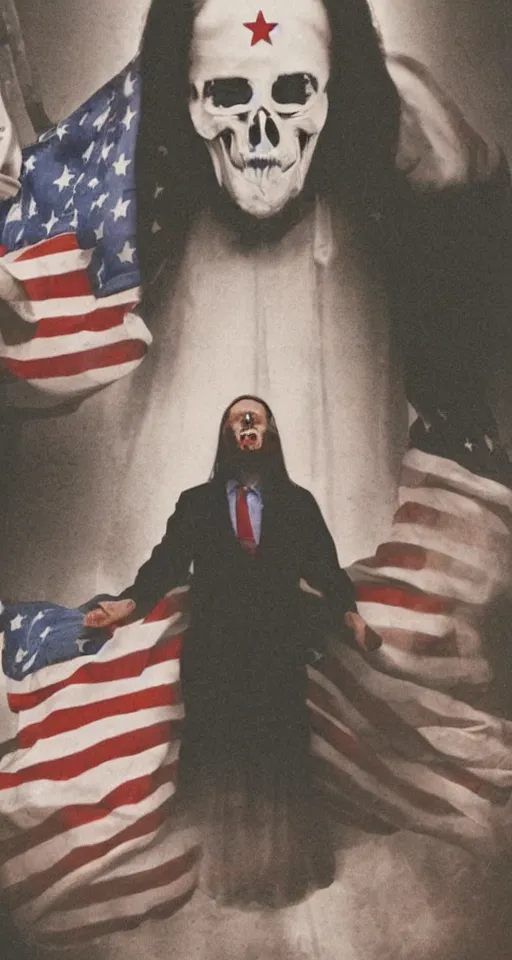 Prompt: ghost emerging from a politician, american flag, jesus christ crying in the background, lomo