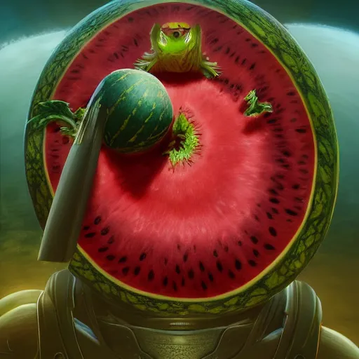 Prompt: Concept Digital Art Highly detailed Watermelon warlord by Stephen Hickman and Beeple. Very highly detailed 8K,Pentax 67, Kodak Portra 400 in style of Hiromasa Ogura Ghost in the Shell, the golden ratio, rational painting