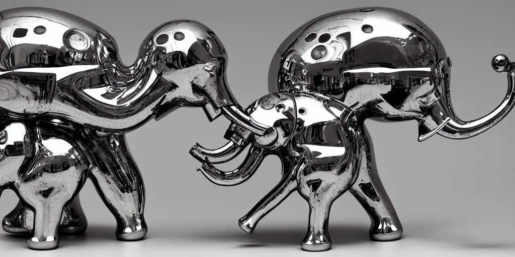 Image similar to Many Chrome and living tissue dendritic organic Elephant heads in orbit, sculpted tissue, soft lighting, chrome and viscera and bone, composition, Cronenberg automata, Marsden, ito, Ryden, sci-fi, Koons, Dieter Rams,