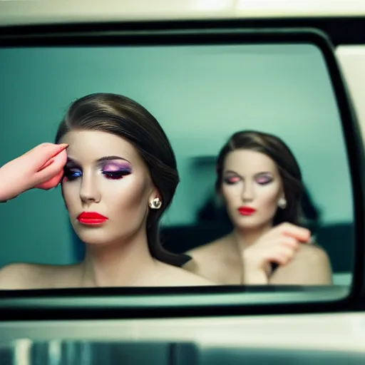 Prompt: a close - up of young woman looking in rear view mirror doing makeup, applying lipstick, photorealistic, hyperrealism, high resolution, ultra - detailed, k 4, kodak portra 4 0 0