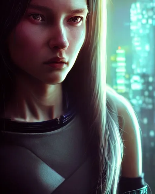 Image similar to a portrait of a beautiful 28th century super cool post-human female very young with long hair, barely human and largely biomechanical cyberpunk, hyper-realistic, very detailed unreal engine, by Artgerm, WLOP and Ross Thran, dramatic cinematic lighting rendered by octane, 8k, detailed, trending on artstation, deviantart google images, pinterest