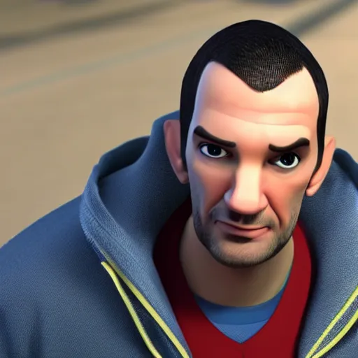 Image similar to niko bellic made by disney pixar, cgi