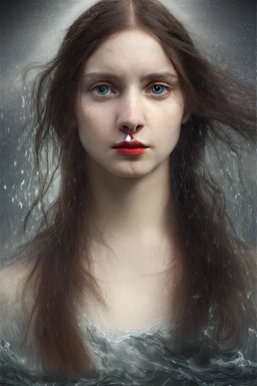 Prompt: young woman's face breaking the waters surface, long black hair, pale skin, symmetrical face, photorealism, 4k, highly detailed, smooth render, dramatic lightning, by Millais,