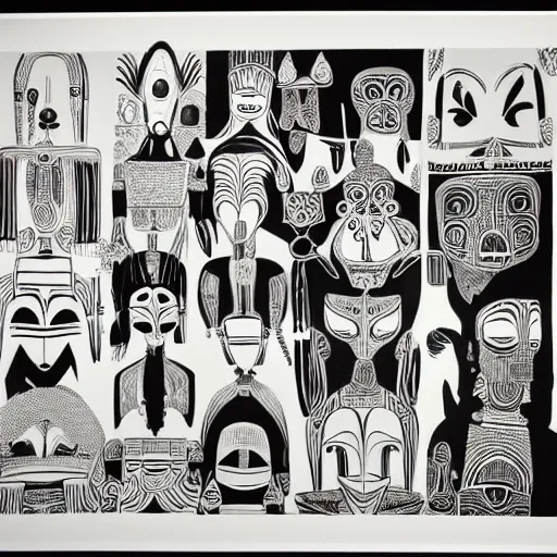 Prompt: A black and white screen print of gallery from the 60s, anthropology, exotic, masks, ethnography, screen printing