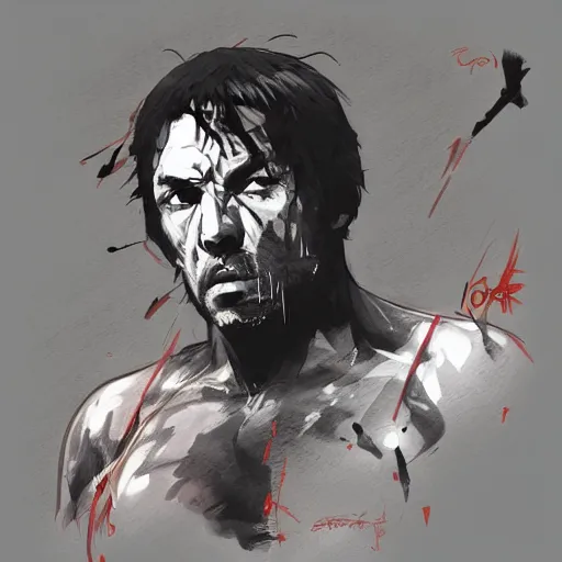 Image similar to Decapitated Joe Rogan, Greg Rutkowski and Yoji Shinkawa styled