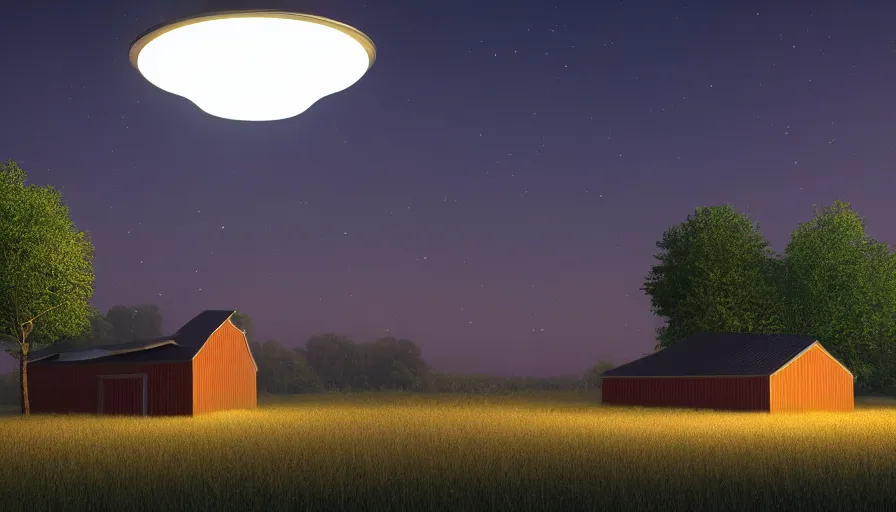 Image similar to a ufo floats over a barn with a broken roof, debris is ascending toward the ufo, volumetric lighting, night, photorealistic rendering, color palette, 8 k