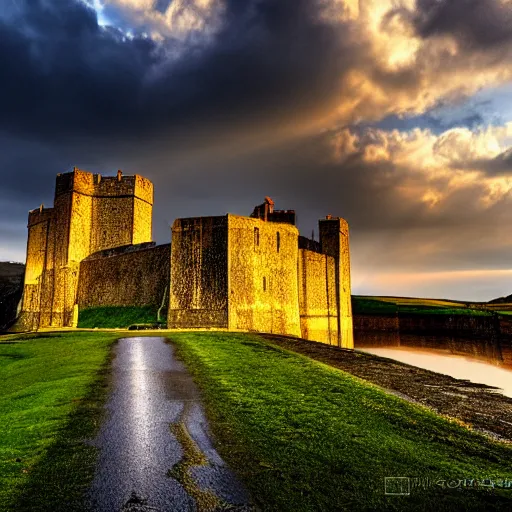 Image similar to Dover castle surrounded by floodwater, England, dramatic lighting, god rays, cinematic, epic, HDR