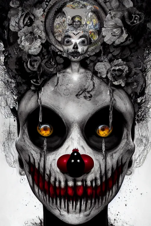 Image similar to portrait of a creepy clown girl skull. intricate abstract. intricate artwork. nightmare fuel. terrifying. by Tooth Wu, wlop, beeple, dan mumford. octane render, trending on artstation, greg rutkowski very coherent symmetrical artwork. cinematic, hyper realism, high detail, octane render, 8k, iridescent accents, black and white