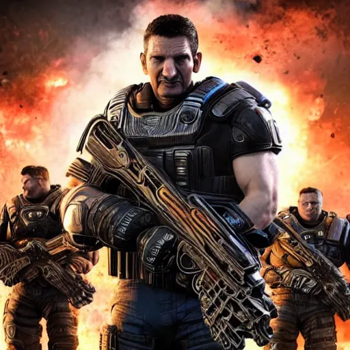 Image similar to Movie still of Donald Trump as ((the punisher)) in Gears of War, splash art, movie still, detailed face, photorealistic facial features, cinematic lighting, dramatic, octane render, long lens, shallow depth of field, bokeh, anamorphic lens flare, 8k, hyper detailed, 35mm film grain