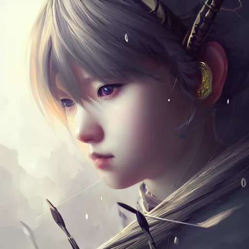 Image similar to beautiful extremely detailed intricate concept art depicting an archer by wlop. semi - realism. anime face. shining jewelry. grey atmosphere. particles in the background. bcy. net