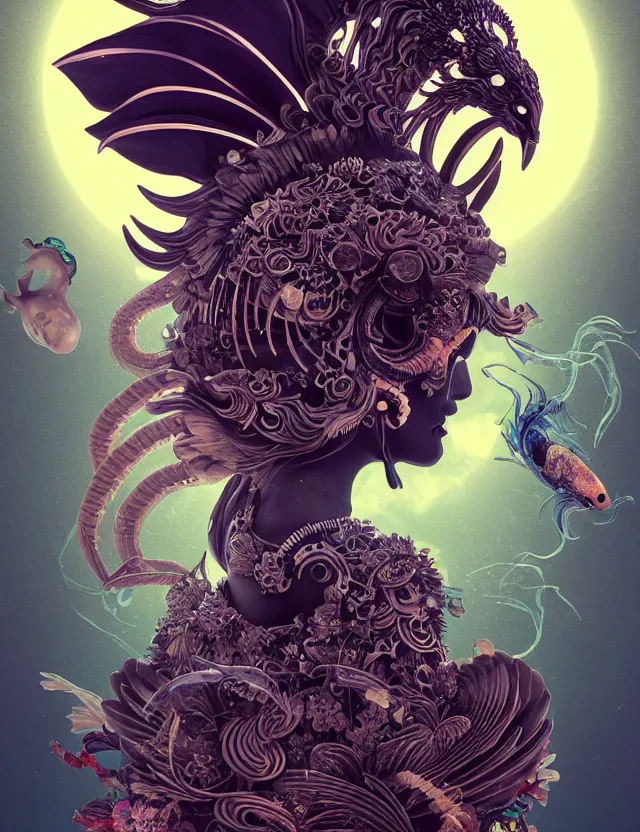 Image similar to 3 d goddess close - up profile portrait of satanic with ram skull. beautiful intricately detailed japanese crow kitsune mask and clasical japanese kimono. betta fish, jellyfish phoenix, bio luminescent, plasma, ice, water, wind, creature, artwork by tooth wu and wlop and beeple and greg rutkowski