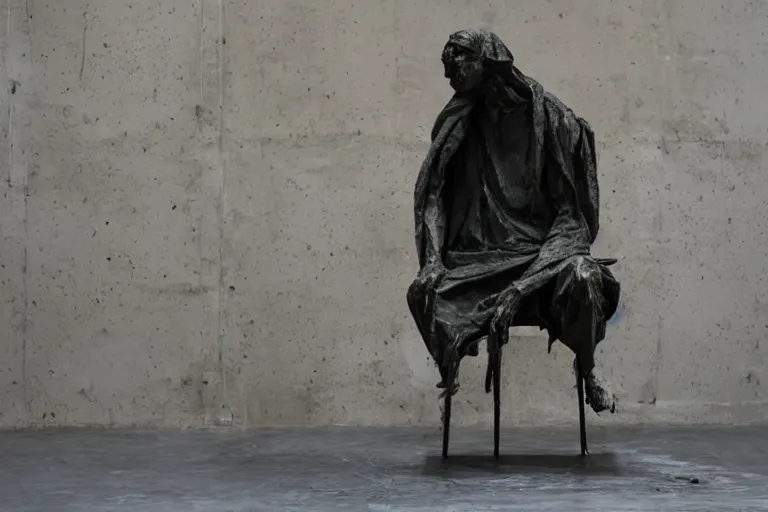 Image similar to a sculpture of a person sitting on top of a chair, a marble sculpture by nicola samori, behance, neo - expressionism, marble sculpture, apocalypse art, made of mist