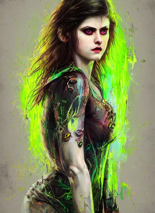 Image similar to a Demon Slayer portrait of Alexandra Daddario, tall, pale-skinned, slender with lime green eyes and long eyelashes by Stanley Artgerm, Tom Bagshaw, Arthur Adams, Carne Griffiths, trending on Deviant Art, street art, face enhance, chillwave, maximalist, full of color, glittering