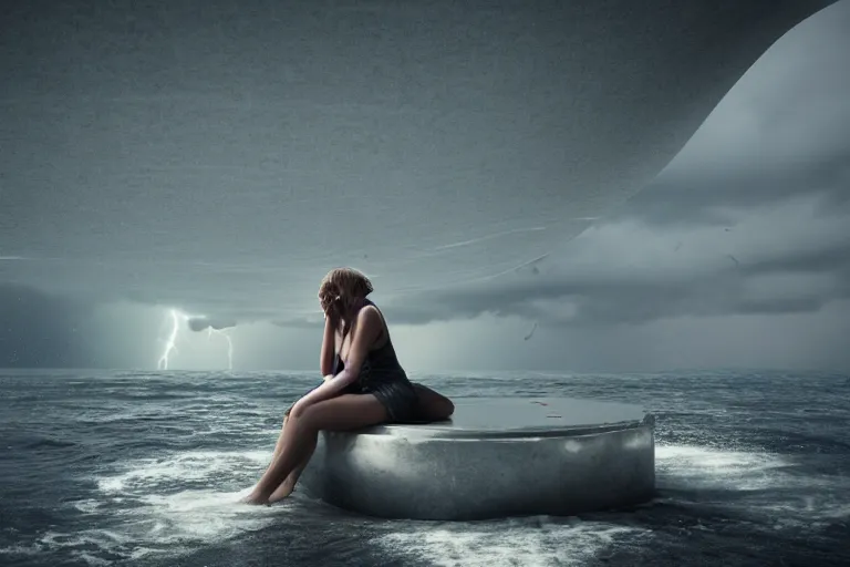 Image similar to A beautiful woman sitting on a giant open book in the middle of the ocean during a storm, dramatic lighting, cinematic, 8k HDR, highly detailed, high quality, octane render, unreal engine 5, path tracing, turbulent sea, concept art, trending on Artstation, dramatic scene