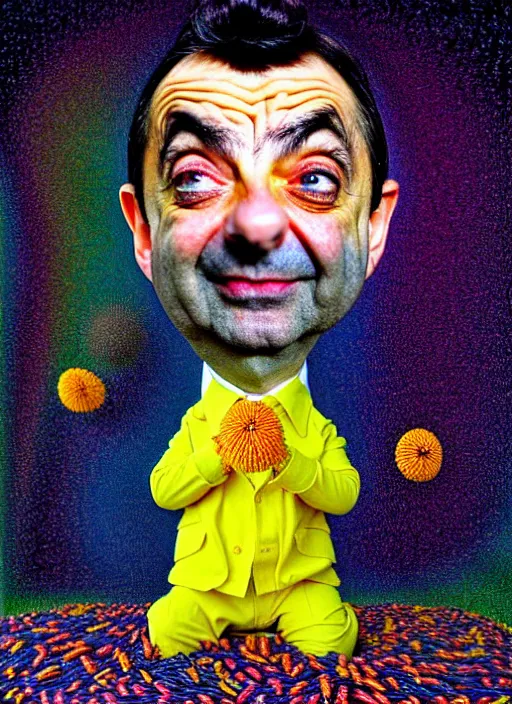 Image similar to hyper detailed 3d render like a Oil painting muted colors - slightly silly portrait of Rowan Atkinson cross eyed as Mr. Bean atop his yellow beetle in Aurora seen tickling of the Strangling network of yellowcake aerochrome and milky Fruit and Her delicate Hands hold of gossamer polyp blossoms bring iridescent fungal flowers whose spores black the foolish stars by Jacek Yerka, Mariusz Lewandowski, Houdini algorithmic generative render, Abstract brush strokes, Masterpiece, Edward Hopper and James Gilleard, Zdzislaw Beksinski, Nicoletta Ceccoli, Wolfgang Lettl, hints of Yayoi Kasuma, octane render, 8k