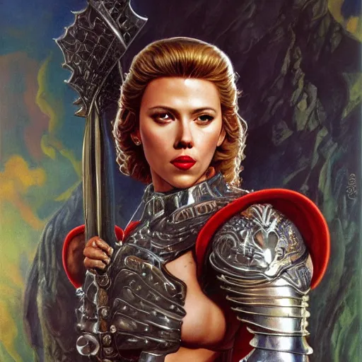 Prompt: A painting of Scarlett Johansson wearing a intricate silver armor and holding a large battle axe ,by by Boris Vallejo , Julie Bell , Brom , Frank Frazetta , Jeff Easley, cinematic, Norman Rockwell ,trending on artstation , rule of thirds ,HD 4k , focus face , body