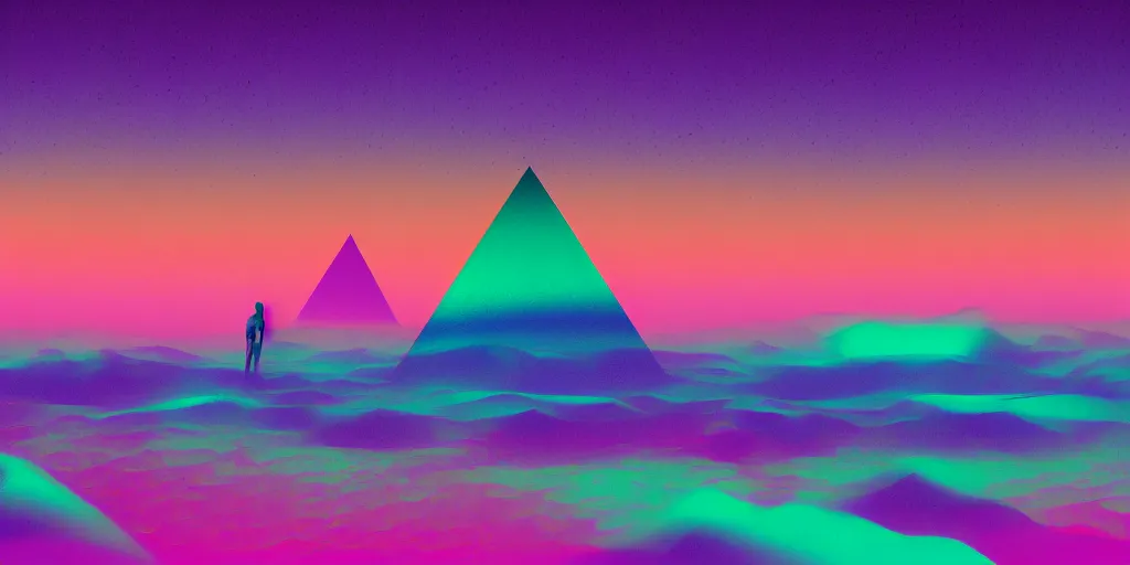 Prompt: purple digital desert, dawn, man in holographic coat, pyramids on the horizon, abstract holographic pastel, 1 9 8 0 s retro futuristic art, synthwave, vaporwave style